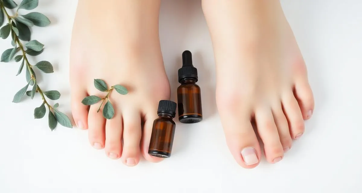 Healthy bare feet with clean toenails next to small amber bottles of essential oils on a white background