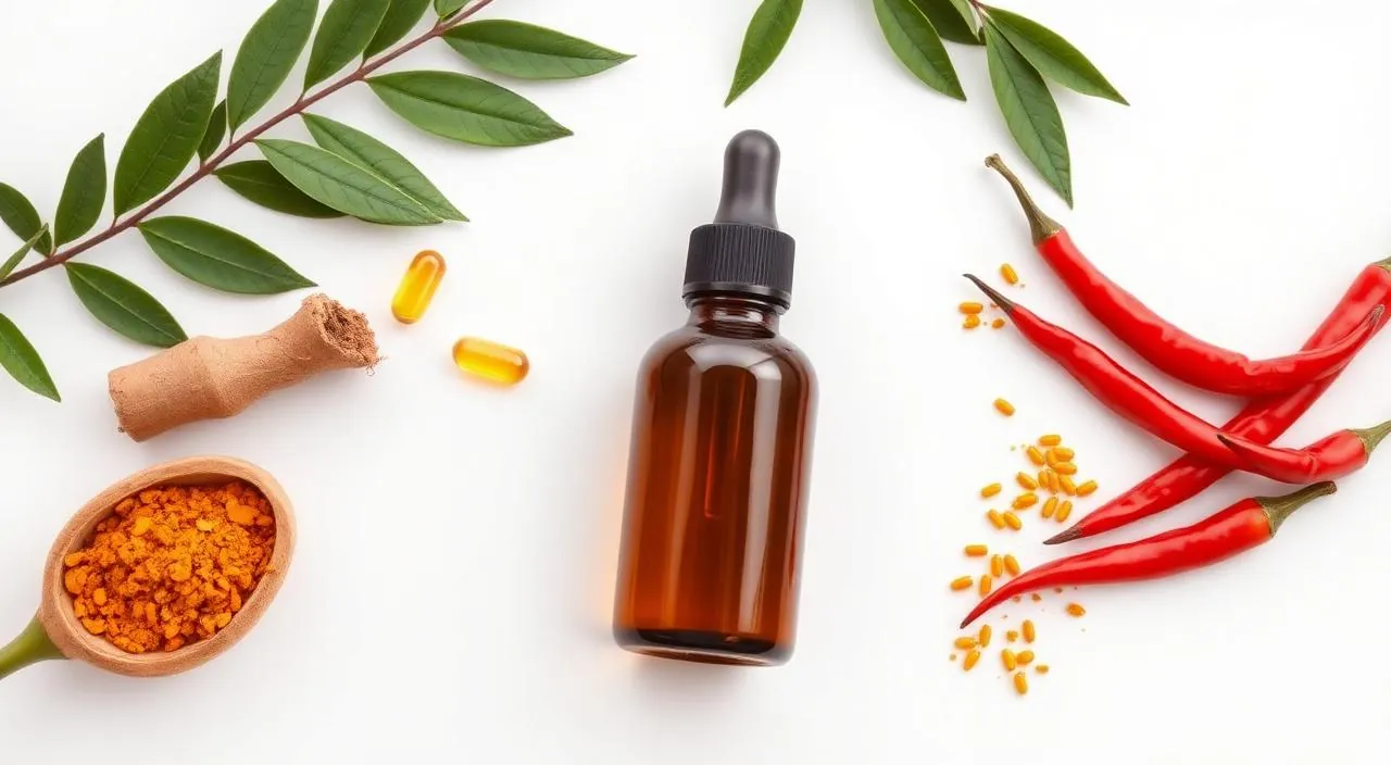 Natural alternatives to Ozempic — herbal dropper bottle, turmeric, capsules and chili peppers on white
