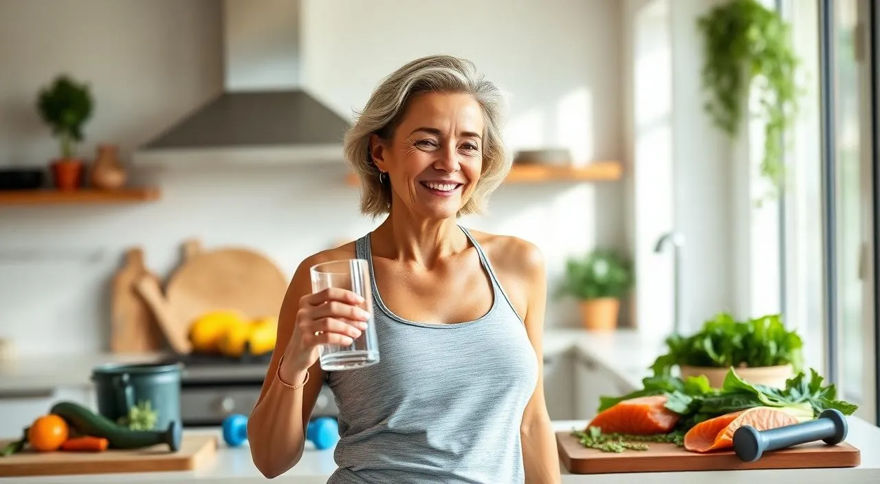 Confident woman in her late 40s in a bright kitchen with healthy whole foods and dumbbells